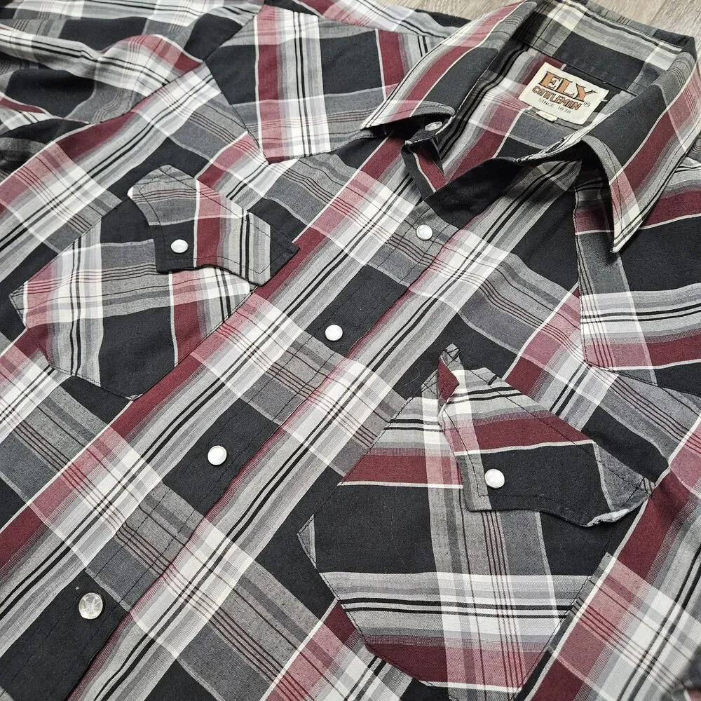 Ely Cattleman Vintage Pearl Snap Western Shirt Plaid Black Red Men's Medium